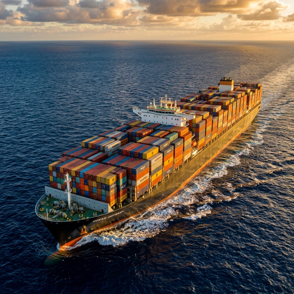 Cargo ship carrying containers across the ocean